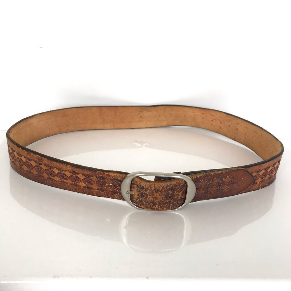 Vintage Brown Tooled Leather Distressed Western Belt - Picture 6 of 7